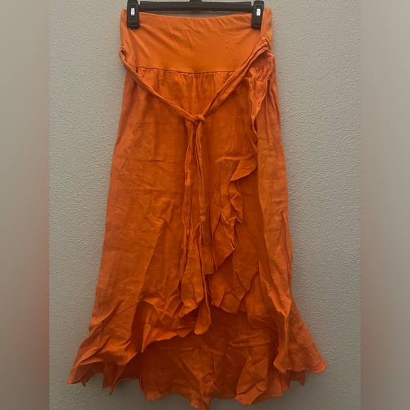 M MADE IN ITALY ORANGE LINEN RUFFLE SKIRT - Picture 7 of 9